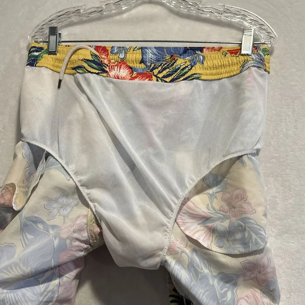 Polo Ralph Lauren Long Swim Trunks Men's Large Yellow Hibiscus Floral Traveler